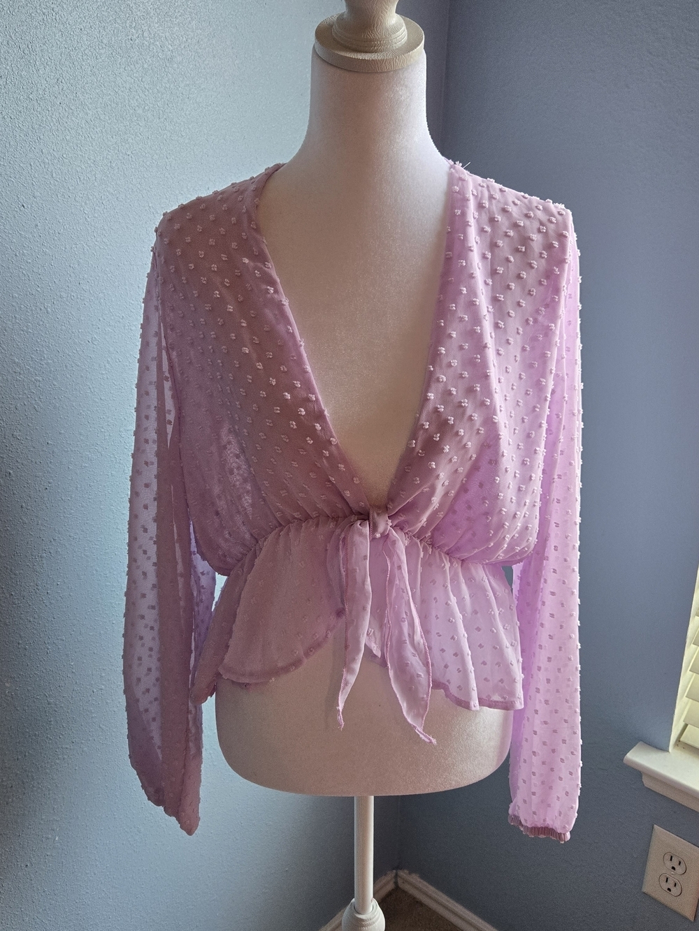 Sheer Lavender Swiss Dot Tie-Front Blouse